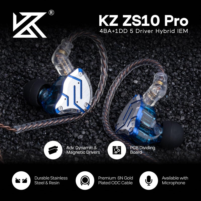 Linsoul لينسول KZ ZS10 برو، 4BA+1DD 5 سائق في سماعة الأذن، سماعات أذن سلكية HiFi، سماعات ألعاب، سماعات IEM هجينة مع لوحة وجه من الفولاذ المقاوم للصدأ، كابل قابل للفصل للموسيقيين (بدون ميكروفون، أزرق لامع) - Image 4